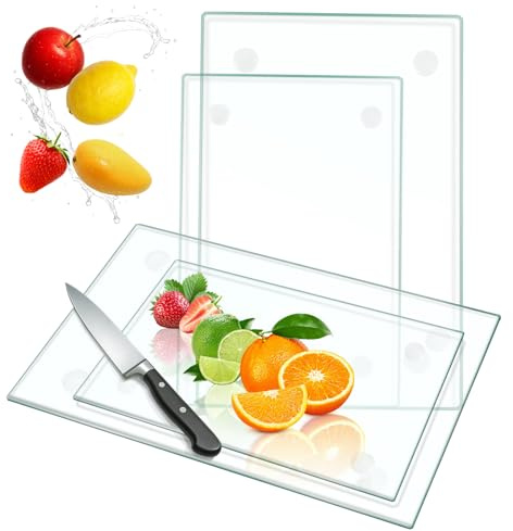 CUCZUUS 2 Groß 30.5x40.6cm+2 Klein 30.5x20.3cm Glas Schneidebrett Küche | Gehärtetes Glas Transparentes mit Rutschfesten Füßen für Arbeitsplatten,Zersplitterungsfest & Hitzebeständig