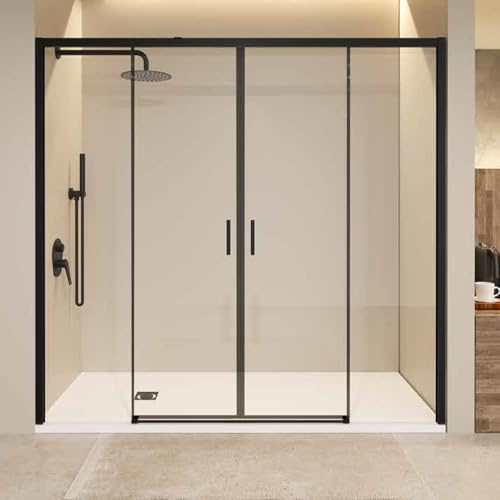 Box doccia anteriore 2 fissi + 2 ante scorrevoli | vetro temperato 6 mm anticalcare | altezza 195 cm | profilo nero opaco 150 cm (adap. 146,1-151)