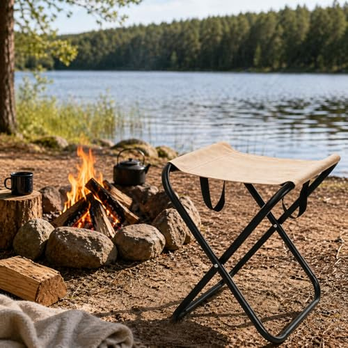 Mojawo Tragbarer Klapphocker Fußhocker Hocker Anglerstuhl Camping Outdoor klappbar Festival Beige 30xH45cm