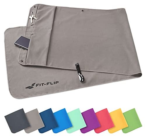 Fit-Flip Fitness Handtuch aus Mikrofaser - mit Magnet und Reißverschluss Tasche - Fitnesshandtuch für Sport und Gym - Kompakt & Schnelltrocknend - Sporthandtuch Fitnessstudio - Grau - 130x48cm