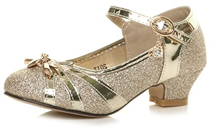 AJVANI Girls Kids Childrens Low Heel Diamante Bow Mary Jane Glitter Court Shoes Size