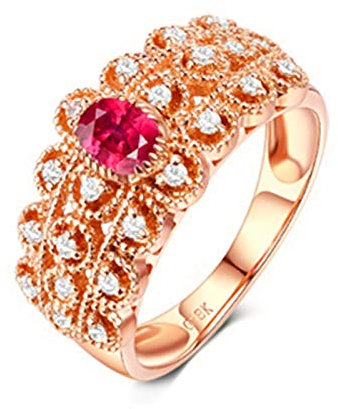 Dreamdge Anello Da Donna 18K Oro Rosa, Anello 3 File Ovale Rosso Rubino 0.45ct Taglia 25