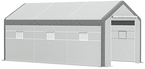 Outsunny Invernadero de Jardín 600x300x280 cm Invernadero de Túnel para Cultivo de Plantas Verduras con 2 Puertas 6 Ventanas Enrollables y Cubierta de Polietileno PE 140g/m² Blanco