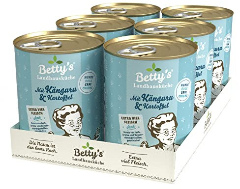 Betty's Landhausküche Hund Känguru mit Kartoffeln und Geflügel 6 x 400 g Für alle Hunderassen geeignet Hohe Bioverfügbarkeit Wir achten auf Beste Qualität
