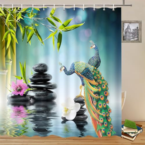 Yadshoti Zen Garden Shower Curtains Beautiful Peacock Spa Green Bamboo Stone Purple White Flower Plant Water Landscape Bathroom Decor Polyester Fabric Hanging Curtain Set 70 x 70 Inch with Hooks