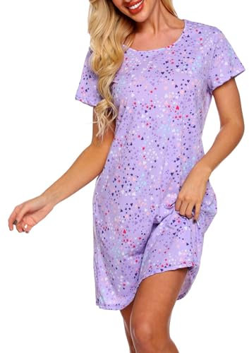 ENJOYNIGHT Chemise de nuit d'été en coton pour femme - Imprimé à manches courtes - Chemise de nuit pour femme, lilas, XL