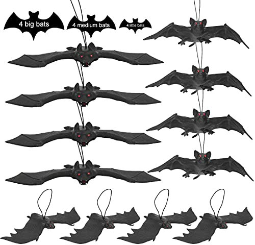 12 Stück Halloween Fledermäuse Deko,halloween fledermäuse Outdoor,Halloween Hängende Fledermaus, Halloween Bats, 3 Verschiedene Größen 3D Gummi Fledermäuse,halloween Party deko outdoor gruselig