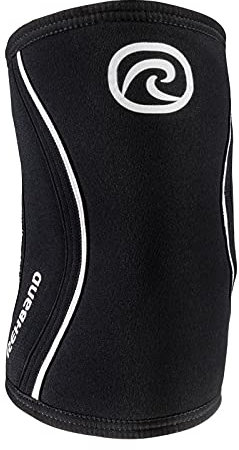 Rehband Benda per gomito SBR/neoprene da 5 mm, manica del gomito per allenamento con i pesi, design anatomico, antiscivolo e aderente per donne e uomini, Colore:Nero, Misura:S