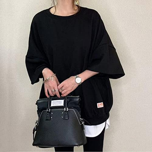 Yujun T-Shirt Frauen Casual Koreanische Mode Herbst 2021 Damen Top T-Shirt Neun-Punkt-Ärmel Rundhals-Trompetenhülse Patchwork-Zug