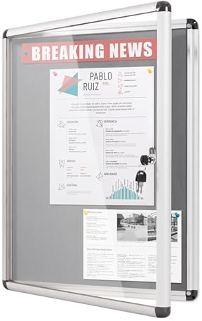 MAKELLO Tamperproof Lockable Notice Board 490x370mm, Grey Felt Notice Board | 2xA4, Lockable, Aluminum Frame, Shatter Resistant, Wall-mounted, Pin Board for Bedrooms, Office, School, Home, Store, Gym