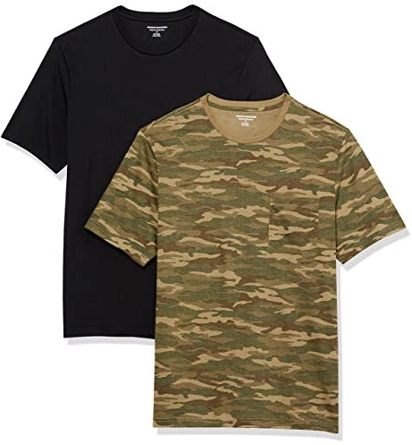Amazon Essentials Men's T-Shirt Regular-Fit Short-Sleeve Crewneck Pocket, Pack of 2, Black/Camo Print, XXL