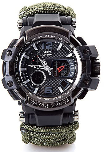 WLDOCA Multifunktionale wasserdichte militärische Taktische Paracord-Uhr Outdoor-Überlebensuhr für Herren Sport-Armbanduhren mit Kompass-Thermometer für Outdoor-Sportcamping,F