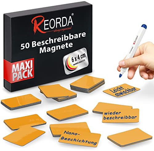 Reorda® Magnetstreifen beschreibbar - 50 Stück wiederbeschreibbar – 6 x 4 cm (Orange) - Beschreibbare Magnete für Whiteboard, Kanban, Magnettafel oder als beschriftbare Magnete für den Kühlschrank