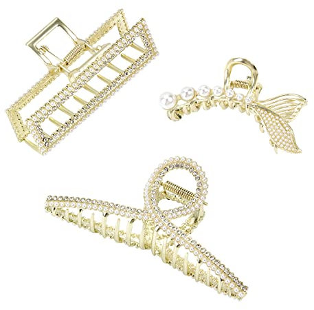 BELICOO 3 Stücke Haarklammer Metall, große Haarklammern Banane Haarspange Starke Halt Haarspange Clips, Haarspange Clips Haarzubehör für Frauen und Mädchen (Gold Perle)