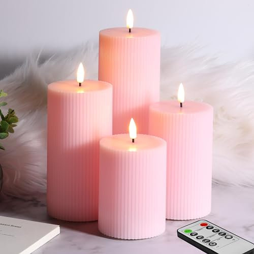 Eywamage Rosa Groß LED Stumpenkerzen mit Fernbedienung, Flammenlose Wachs Batterie Kerzen 4 Stück Φ 3 H 4 5 6 8