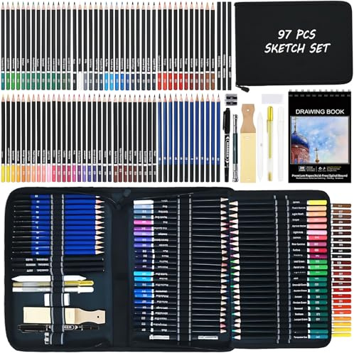 Cozii 97 Drawing Sketching Coloring Set, Pro Art Supplies with Sketchbook, 72 Soft Core Colored Pencils, Sketch, Charcoal Pencils, Drawing Set for Adults Teens Beginner