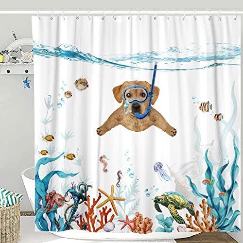 Fowocu Funny Dog Extra Long Shower Curtain Set Teal Blue Sea Ocean Waterproof Fabric Shower Curtains with Animal Octopus Starfish Turtle Anchor Fish Nautical Bathroom Curtain Decor (Orange, 72''×78'')