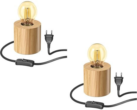 ledscom.de 2 Stück Tischlampe HITO, Holz massiv, rund, inkl. E27 Lampe 471lm Retro gold extra-warmweiß