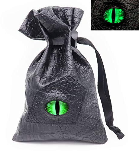 Haxtec Dragon Eye Würfelbeutel Glow in The Dark Green Eye Kordelzug Leder DND Würfeltasche Aufbewahrungstasche für D&D Würfel Münzen und Zubehör (Glühendes grünes Auge)