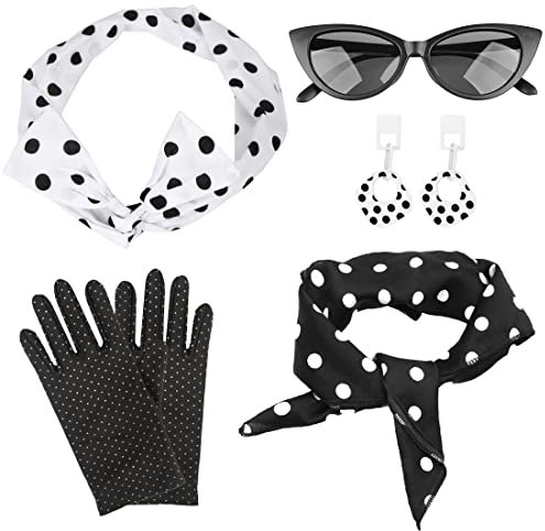 Aurasky Rockabilly Accessoires 50er Jahre, Kostüm Damen Zubehör Schwarz, Kleidung Vintage Zubehör 60er mit Stirnband Schal Brille Handschuhe Kleid für Karneval Motoparty Retro Teily Party
