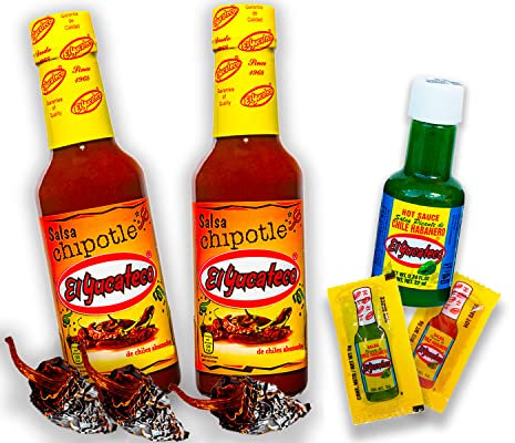 El Yucateco Scharfe Soße Set (Caribbean, Chipotle und Jalapeno) (2er Set Chipotle Salsa + Miniflasche)