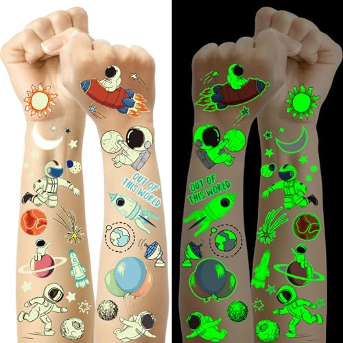 Astronaut Weltraum Kinder Tattoo, 12 Bögen Leuchtende Kindertattoos Weltraum Kindergeburtstag Mitgebsel, Spielzeug Geschenke Planeten Weltall Mottoparty Deko