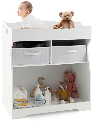 COSTWAY Wickelkommode mit Wickelauflage, 2 in 1 Wickeltisch mit Sicherheitsgurt, 2 Schubladen & Aufbewahrungsfläche, Wickelstation Wickelkombination Wickelregal aus Holz für Baby bis 6 Monate, Weiß