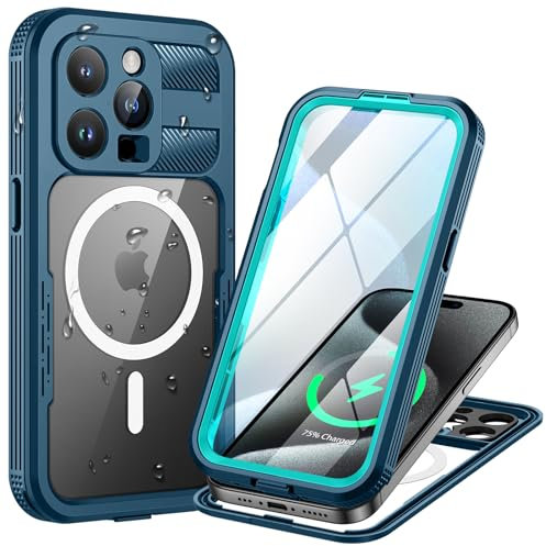 Lanhiem for iPhone 15 Pro Max Waterproof Case, [Compatible with MagSafe] Heavy Duty Shockproof Dustproof Cover with Screen Protector, Front and Back Magnetic Case for 15 Pro Max - 6.7 inch (Blue)