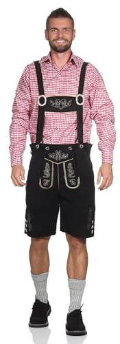 Harrys-Collection Trachtenlederhose Herren kurz mit Hosenträger – Klassische Lederhose für Oktoberfest & Freizeit – Echtes Leder mit Stickerei & Gürtel – Gr. 46-62,Color:schwarz;Größe:54