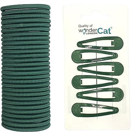 SET of 18 PCS School Elastics + Clips (12 PCS Hair Elastics bands +6 PCS Hair Snap Clips) 12 PCS 3mm Elastic Hair Ties Ponytail Holders Elastics for Women Girls Kids+ 6 pcs 5cm Snap clips (Dark Green)