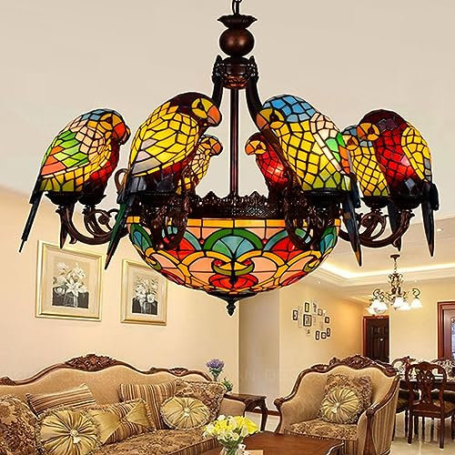 AIBOTY Parrot Tiffany Kronleuchter Für Wohnzimmer, Große Pendelleuchten, 8 Lichter, Vintage Buntglas Lampenschirm, E26x11 Pendelleuchte, Deckenleuchten,B
