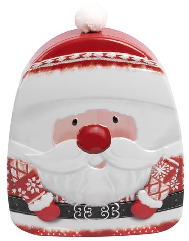 POWERHAUS24 Blechdose Weihnachtsmann mit echtem Pompon, Aufbewahrung, Dekoration, Geschenkbox zu Weihnachten, lebensmittelecht, 14,5 x 17 cm, Weihnachtsedition inkl. 2 Rezepte