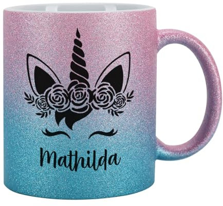 Tasse mit Glitzer personalisiert Keramik 300 ml (Pink-Blau, Einhorn)