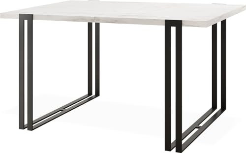 Ausziehbarer Esstisch in Weißer Marmoroptik - Großer Tisch im Loft-Stil mit Schwarzen Metallbeinen 140 bis 240 cm - Industrietisch für das Wohnzimmer - Spacesaver - Marmor Weiß - 140 x 80 cm