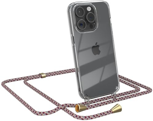 EAZY CASE Handykette kompatibel mit iPhone 15 Pro Handyhülle mit Umhängeband, Handykordel mit Schutzhülle, Silikonhülle, Hülle mit Band, Stylische Kette für Smartphones, Rot Camouflage