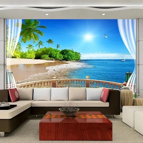 KoKoty Fototapete 3d effekt Balkonfenster mit Blick auf den Strand und das Meer-300 x 250 cm-3D Effekt Moderne Wandtapete Wanddekoration für Wohnzimmer Schlafzimmer Esszimmer