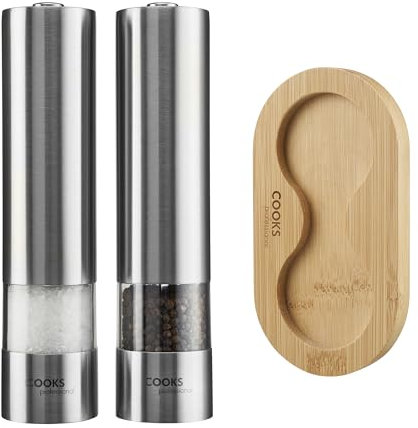 Cooks Professional Electric Salt and Pepper Mill Set with Bamboo Base | Battery Operated Automatic Grinders with Adjustable Grinding & One Touch Operation | Condiment Grinder & Stand | Stainless Steel