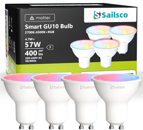 sailsco Matter Alexa Glühbirne Smart Lampe GU10,WiFi LED Lampe Kompatibel mit Alexa/Google Home,Kontrolle durch Smart Life APP,Dimmbar Warmweiß-Kaltweiß und Mehrfarbige Birne,4.7W 400LM,4 Stück