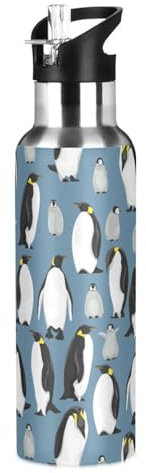 Penguins Water Bottle for Girls Boys Stainless Steel Drink Flask Straw Vacuum Insulated Leakproof Thermos Sports 600 ml
