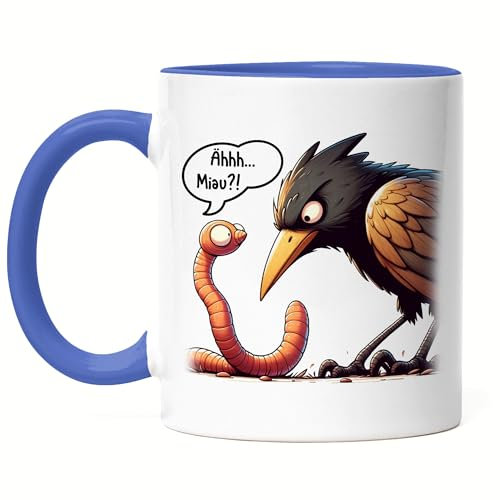 Hey!Print Ähh Miau?! Vogel und Regenwurm Tasse Blau - Witzige Geschenkidee