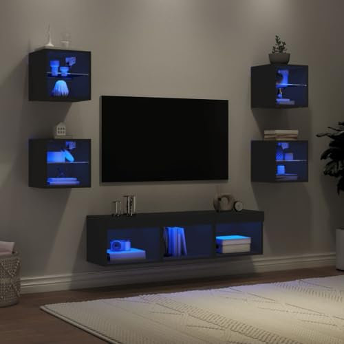 JUDYY 7-TLG. Wohnwand mit Beleuchtung Schwarz Holzwerkstoff, Wohnwand Wohnzimmer, Wohnzimmer Möbel, Schrankwand Wohnzimmer, Tv Möbel, Anbauwand Wohnzimmer - 3216584
