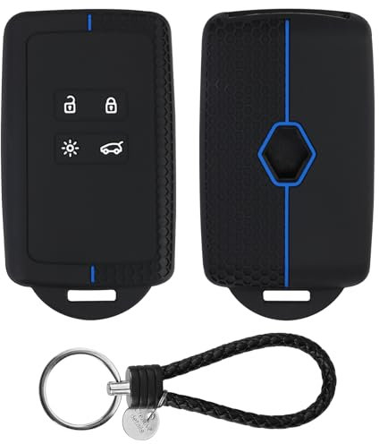 Coque clé de Voiture pour Re-Nault Clio Megane Koleos Kadjar Kangoo Twingo Talisman Captur Espace Dacia Duster, 4 Boutons Silicone TPU Voiture Protection étui Souple Coque Cle(Bleu, avec Corde à Clés)
