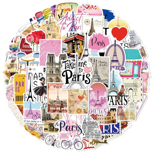 Bric Dodo 50 Stück Paris Aufkleber Auto Laptop Telefon Gitarre Skateboard Motorrad Fahrrad Eiffel Tower France Stickers Set Vinyl Wasserdicht Aesthetic Aufkleber für Jugendliche Kinder Erwachsene