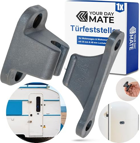 Fermaporta per caravan, 1 confezione, in grigio, da avvitare, con interasse fori di 35 mm e 48 mm, serratura porta vano di stivaggio camper, fermaporta sportello di servizio camper, fermaporta camper