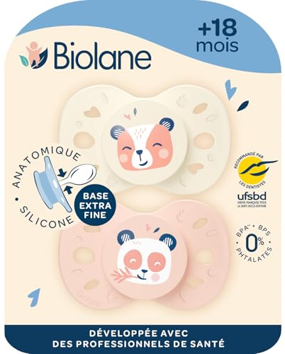 BIOLANE Anatomisch geformter Sauger für Tiere – extrafeine Schnuller – ab 18 Monaten – Rosa und Beige – flacher und wendbarer Brustwarze – optimaler Komfort – respektiert die Mundentwicklung