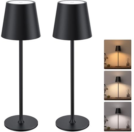 JACKYLED Tischlampe Kabellos, Wiederaufladbar mit 5000mAh Akku, 3 Höhen Verstellbar, 3 Farbtemperaturen Dimmbar, Tragbare LED-Wasserdichte Tischlampe für Esszimmer, Schlafzimmer, Außenbereiche, 2Stück