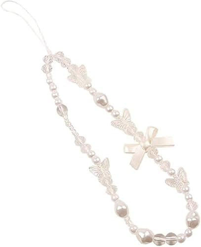 Mobile Phone Lanyard Universal Phone Chain Bow Butterfly Pearl Beaded Phone Lanyard Wrist Strap Anti Lost Phone Charm Strap Fashion Cute Phone Case Keychain Wallet Decoration Pendant for Women