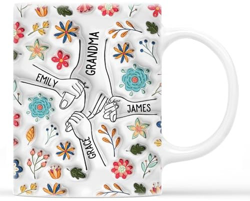 Personal Chic Personalised Mummy and Kids Holding Hands Flowers Mug - Personalised Mother Gift, Mum Gifts, Grandma Gift, Mummy Tea Cup, Grandma Cup, Mum Mug (Model #11)