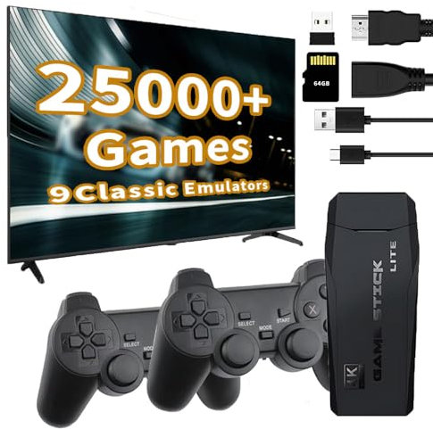 Classic Retro Games Console Tv: with 64GB Built-in Card 20000+ Games - Play TV Stick with 2 Game Controllers Support 4K HD Output
