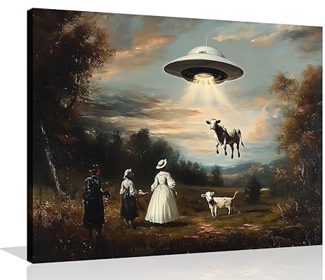 OWNANRTHM Retro UFO Leinwand Wandkunst viktorianische Landschaft Bild Vintage Bauernhof Poster Retro Raumschiff Wandkunst Kuh UFO Malerei skurriles Alien Abduktion Poster für Wohnzimmer Schlafzimmer